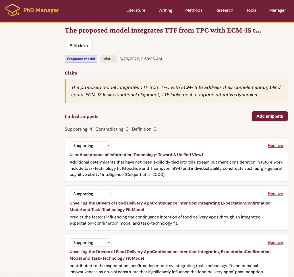 A PhD Manager claim supported by linked snippets from the literature