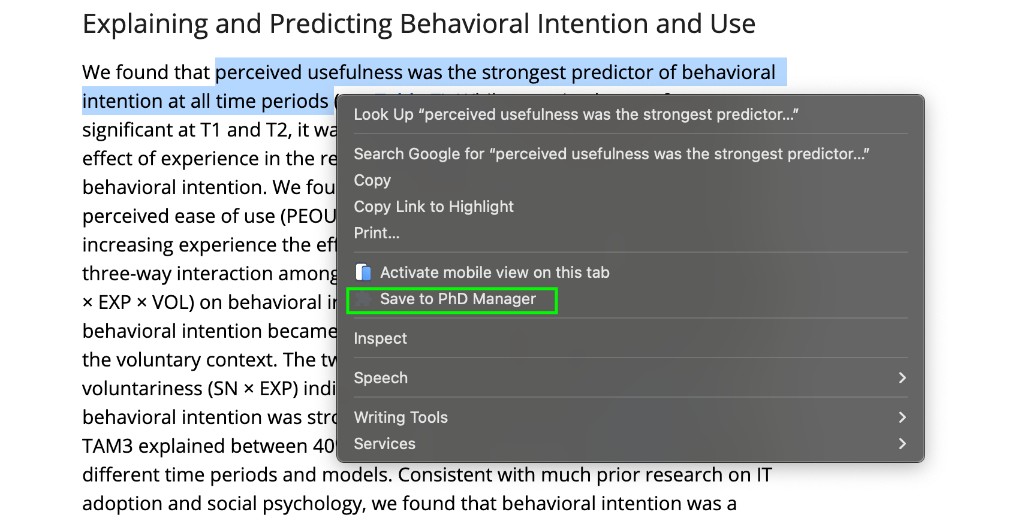 Highlighted passage with the Save to PhD Manager option in the browser menu