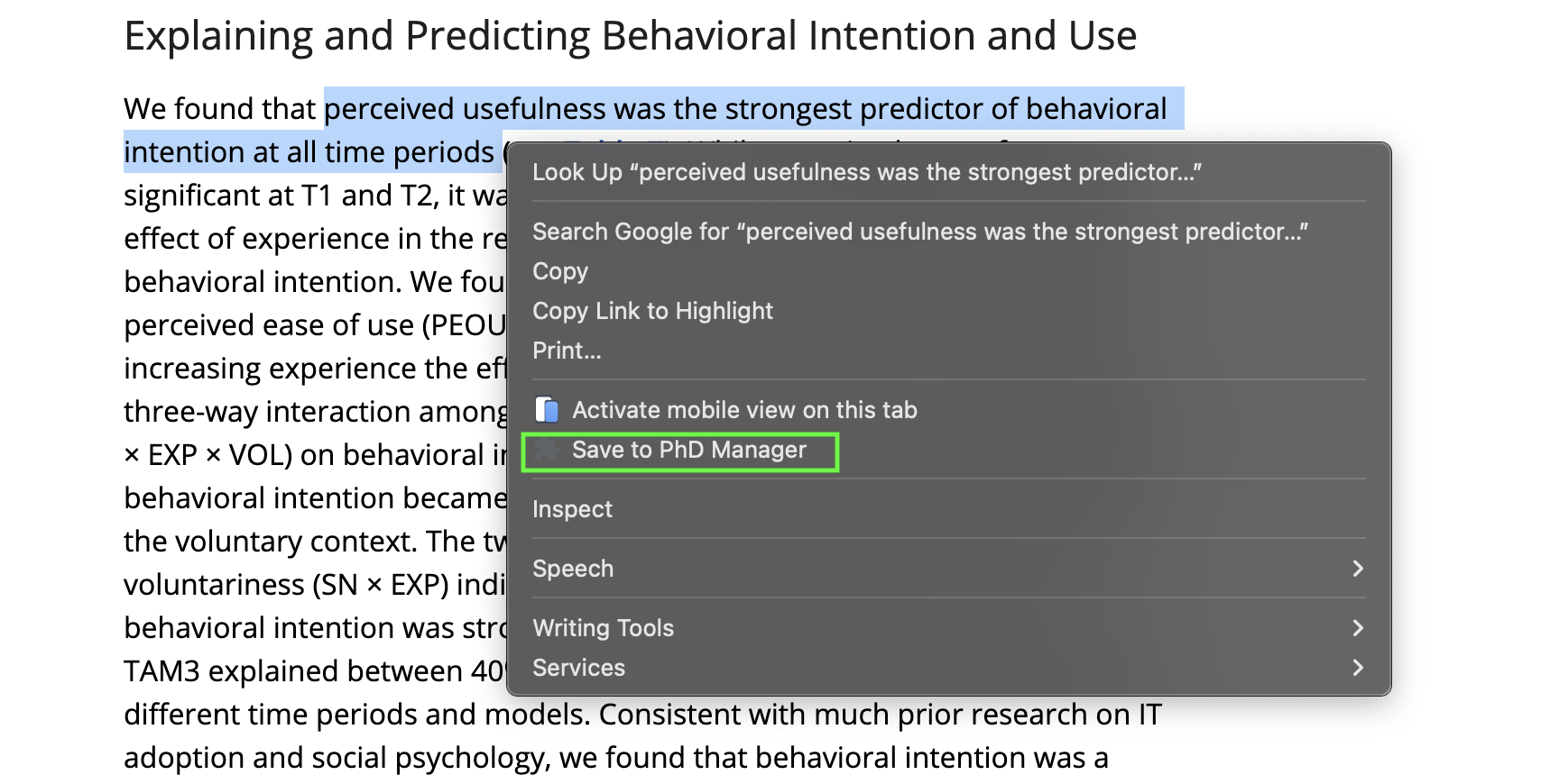 Browser context menu showing Save to PhD Manager on a highlighted sentence