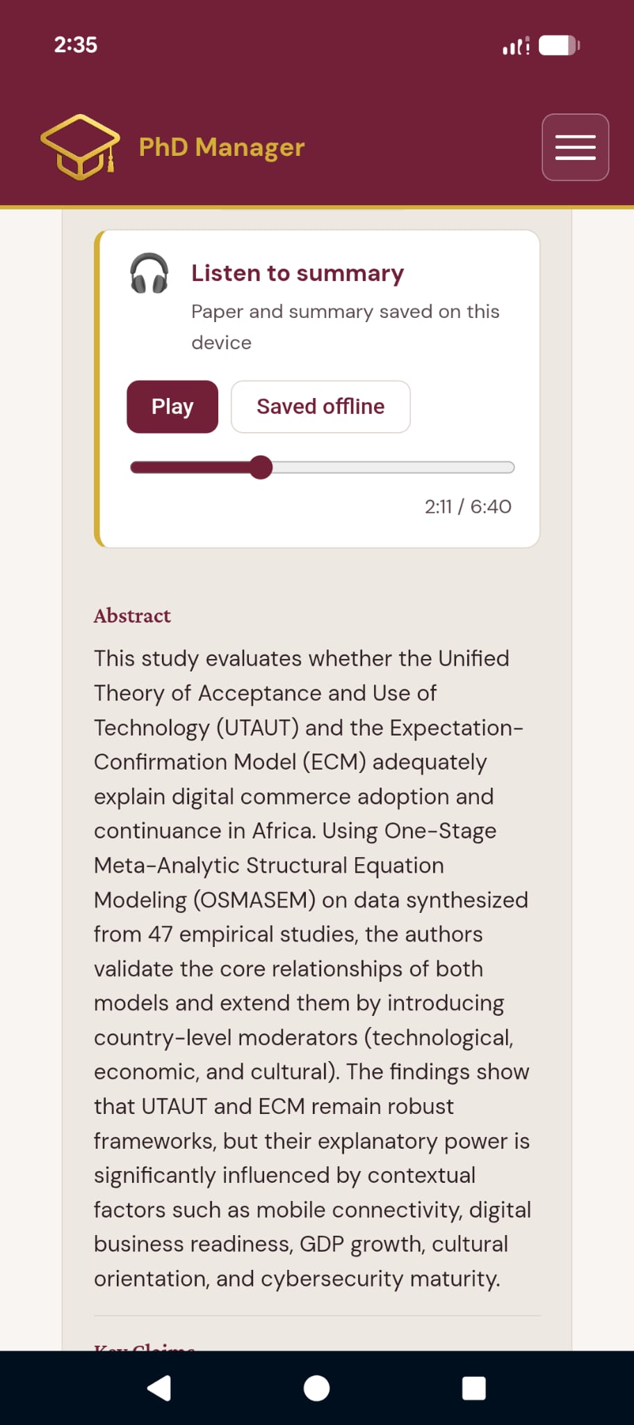 PhD Manager mobile app playing an offline paper summary