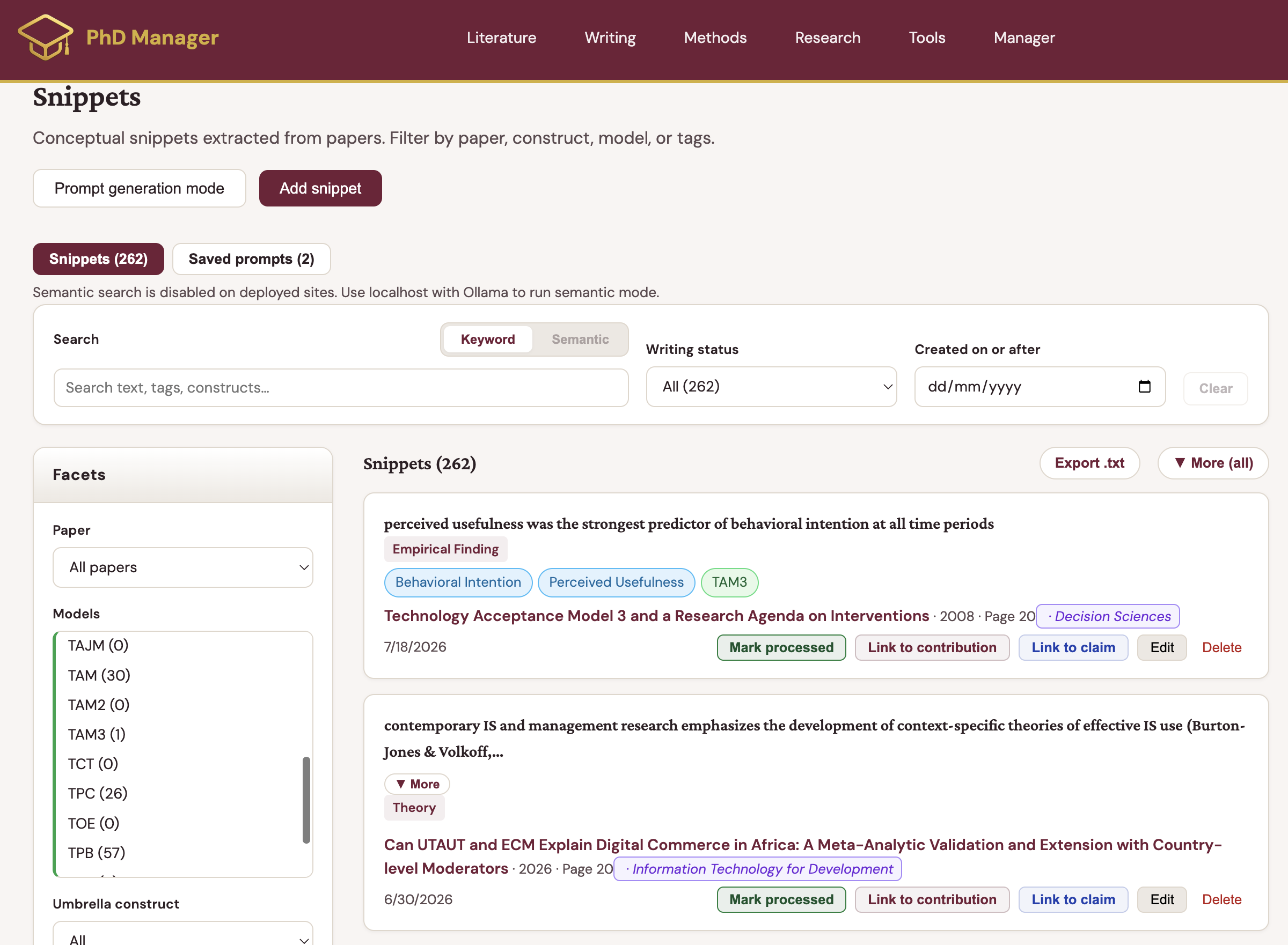 Snippet library with filters by construct, model, and type