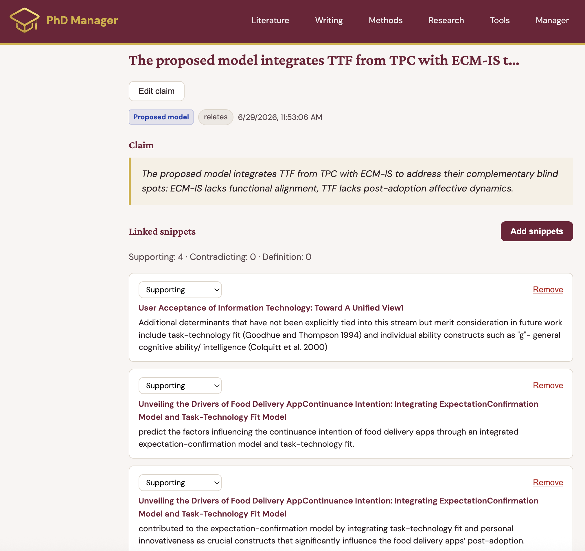 Linking multiple snippets into a claim